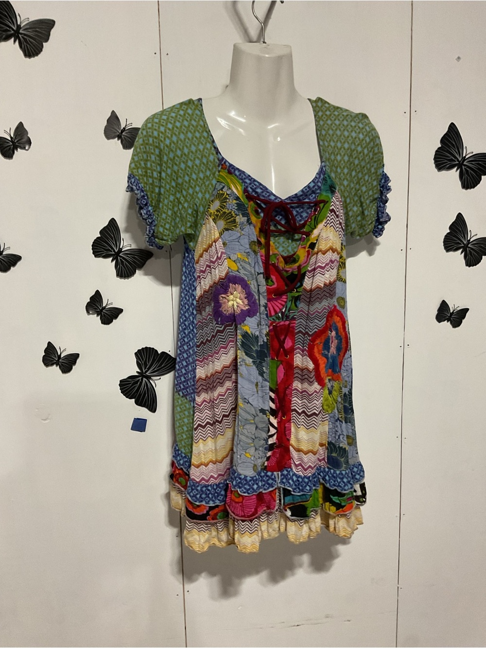 Alberto Makali Multicolor Patchwork Lace-Up Tunic - Green, Blue, Purple, Red